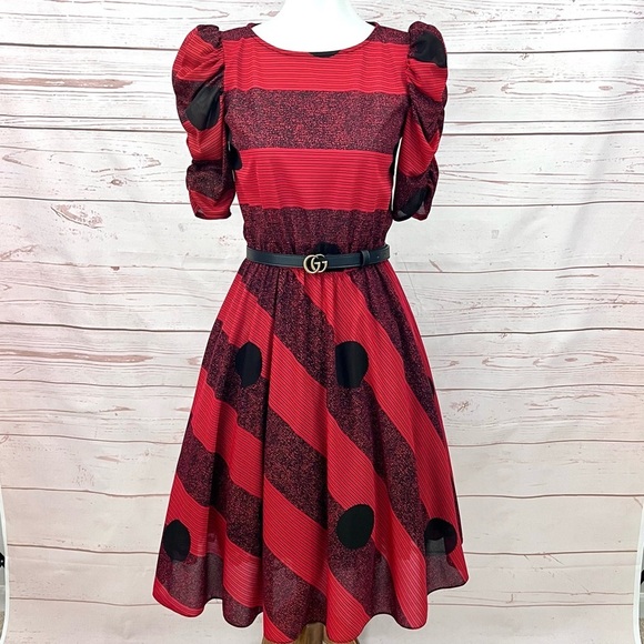 Vintage Dresses & Skirts - Vintage Red Striped Polka Dot Puff Sleeve Retro Flare Swing Dress